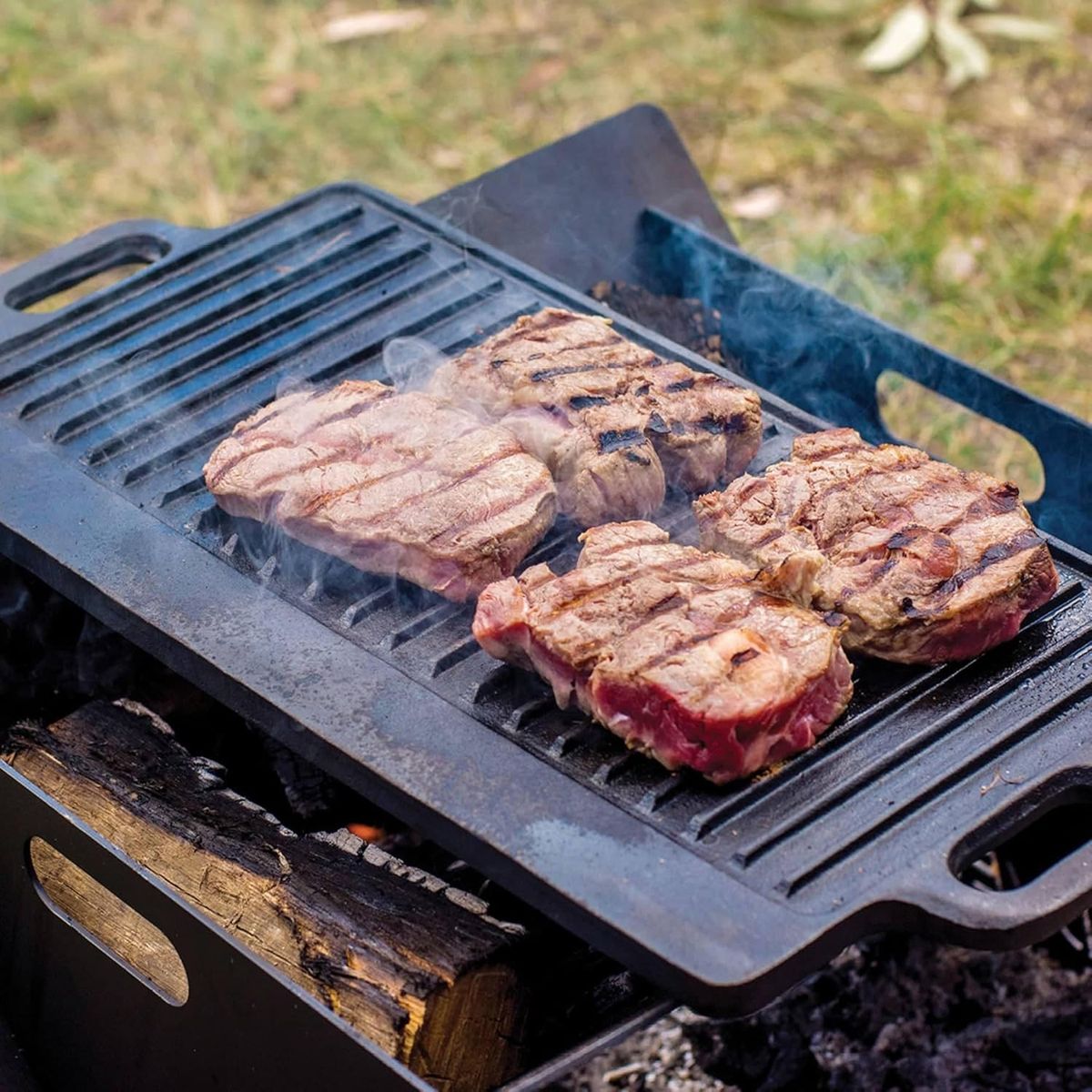 BLUEDREAMER - Plancha reversible de hierro fundido de 46 x 22 cm para barbacoa, cocina, parrilla