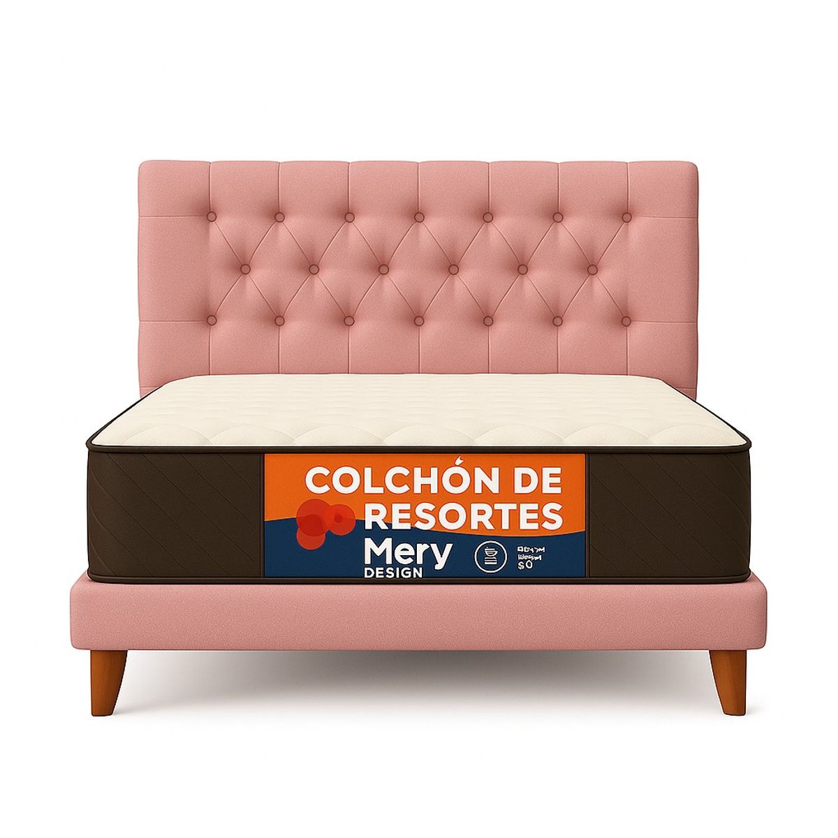 GENERICO - Cama Plaza y Media Rosado Capitone en Lino + Colchon Mery Desing