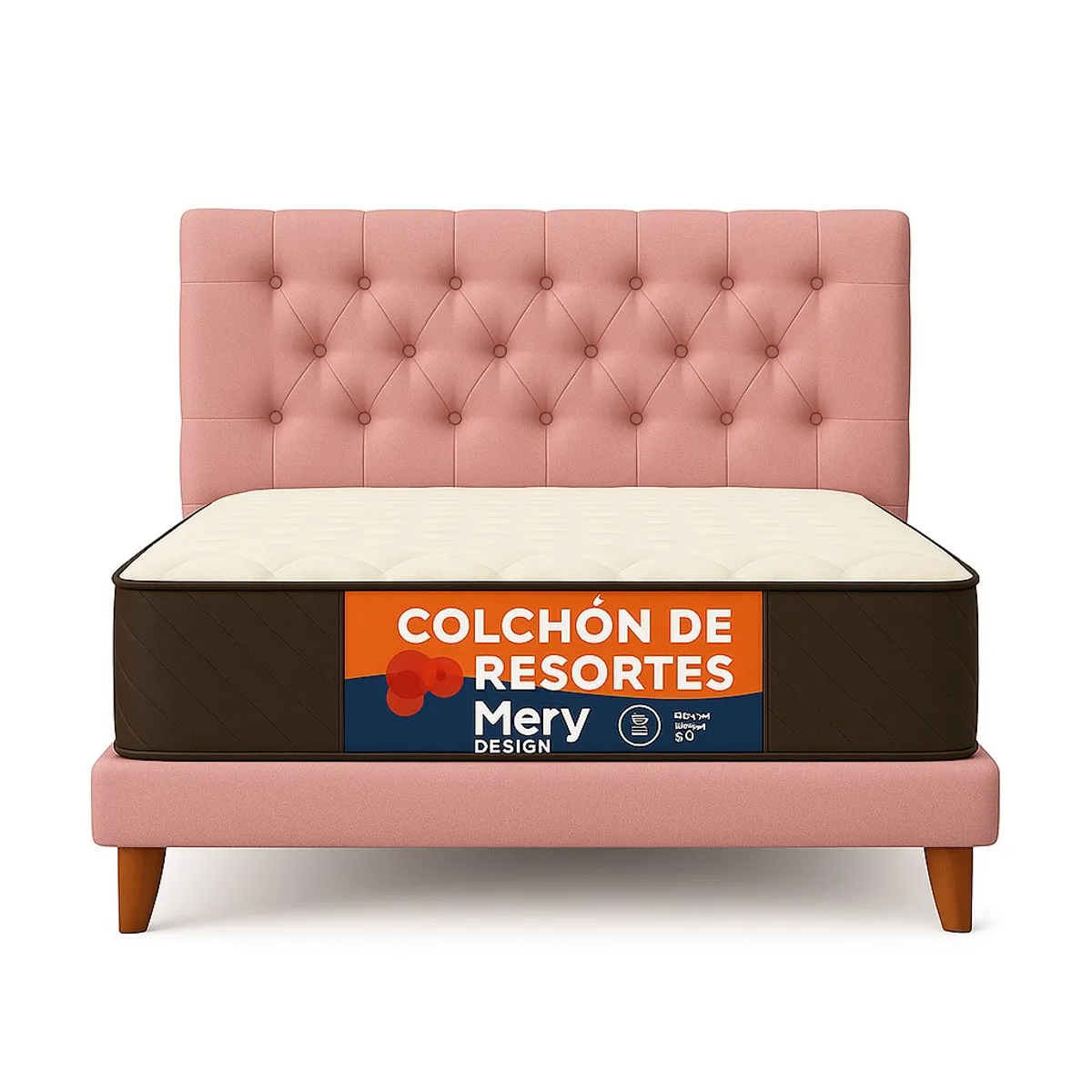 GENERICO - Cama Plaza y Media Rosado Capitone en Lino + Colchon Mery Desing