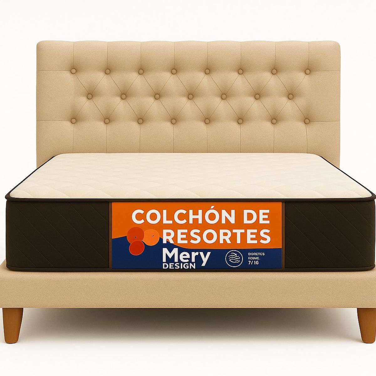 GENERICO - Cama Plaza y Media Beige Capitone en Lino + Colchon Mery Desing
