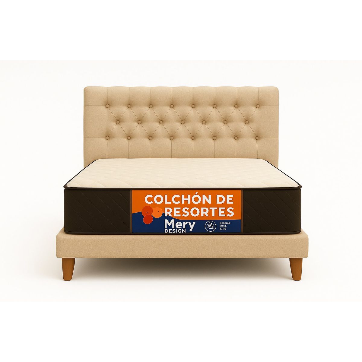 GENERICO - Cama Plaza y Media Beige Capitone en Lino + Colchon Mery Desing
