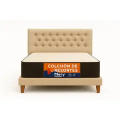 GENERICO - Cama Plaza y Media Beige Capitone en Lino + Colchon Mery Desing