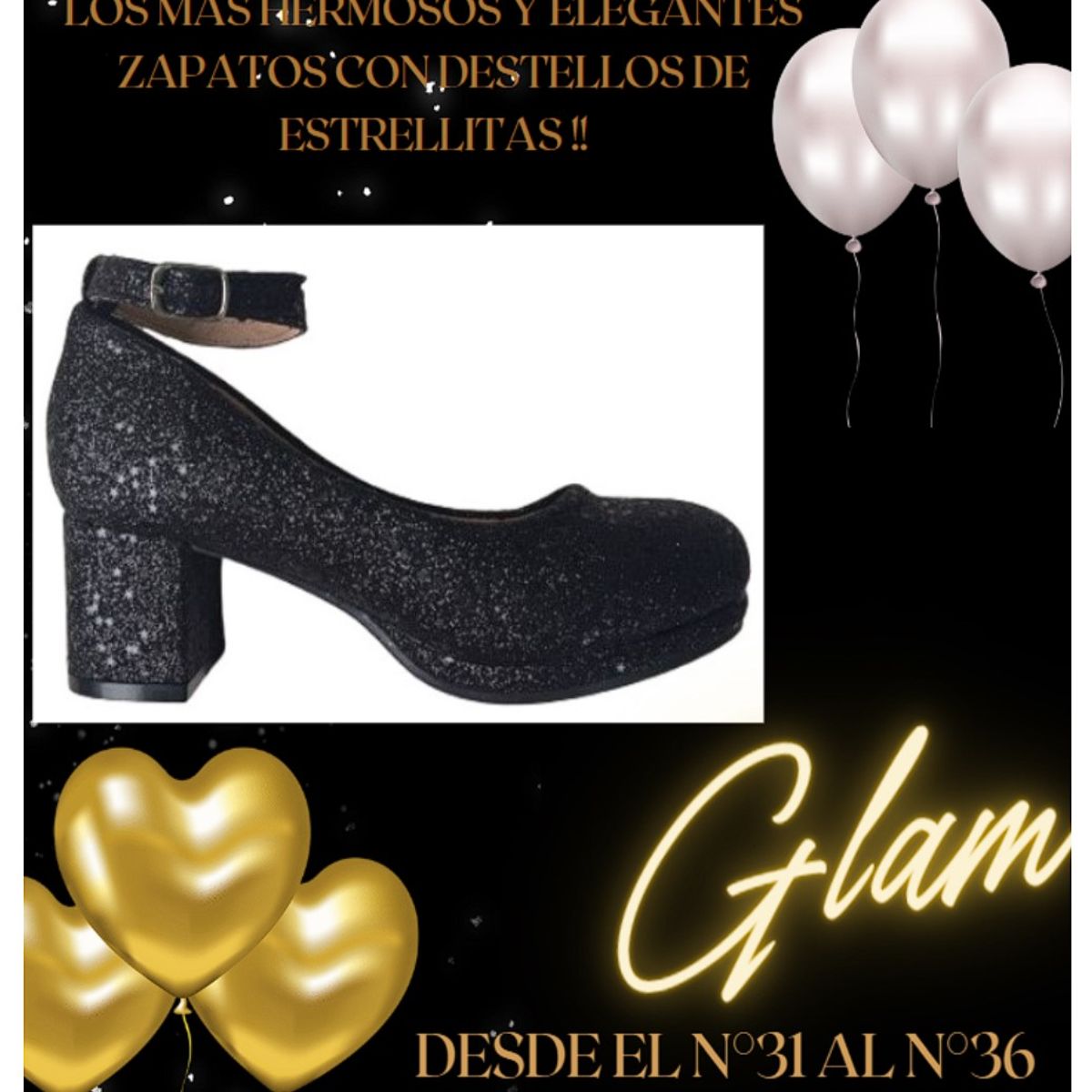 COMPRAPO - Zapato Calzado Princesa Niña con Tacón y Destellos Negro