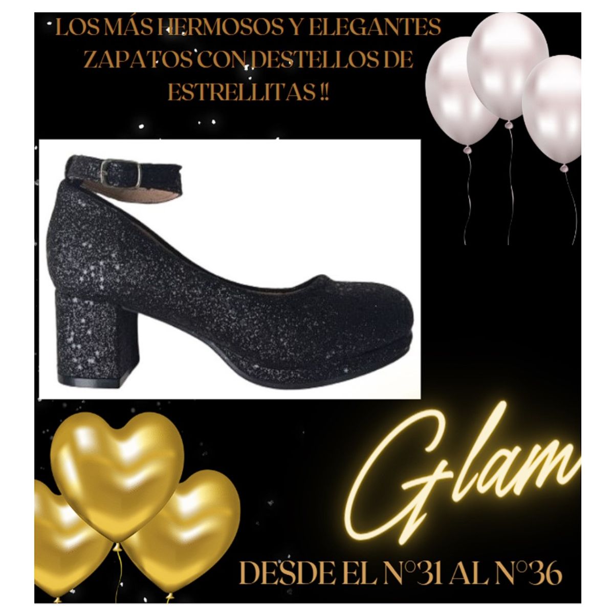 COMPRAPO - Zapato Calzado Princesa Niña con Tacón y Destellos Negro