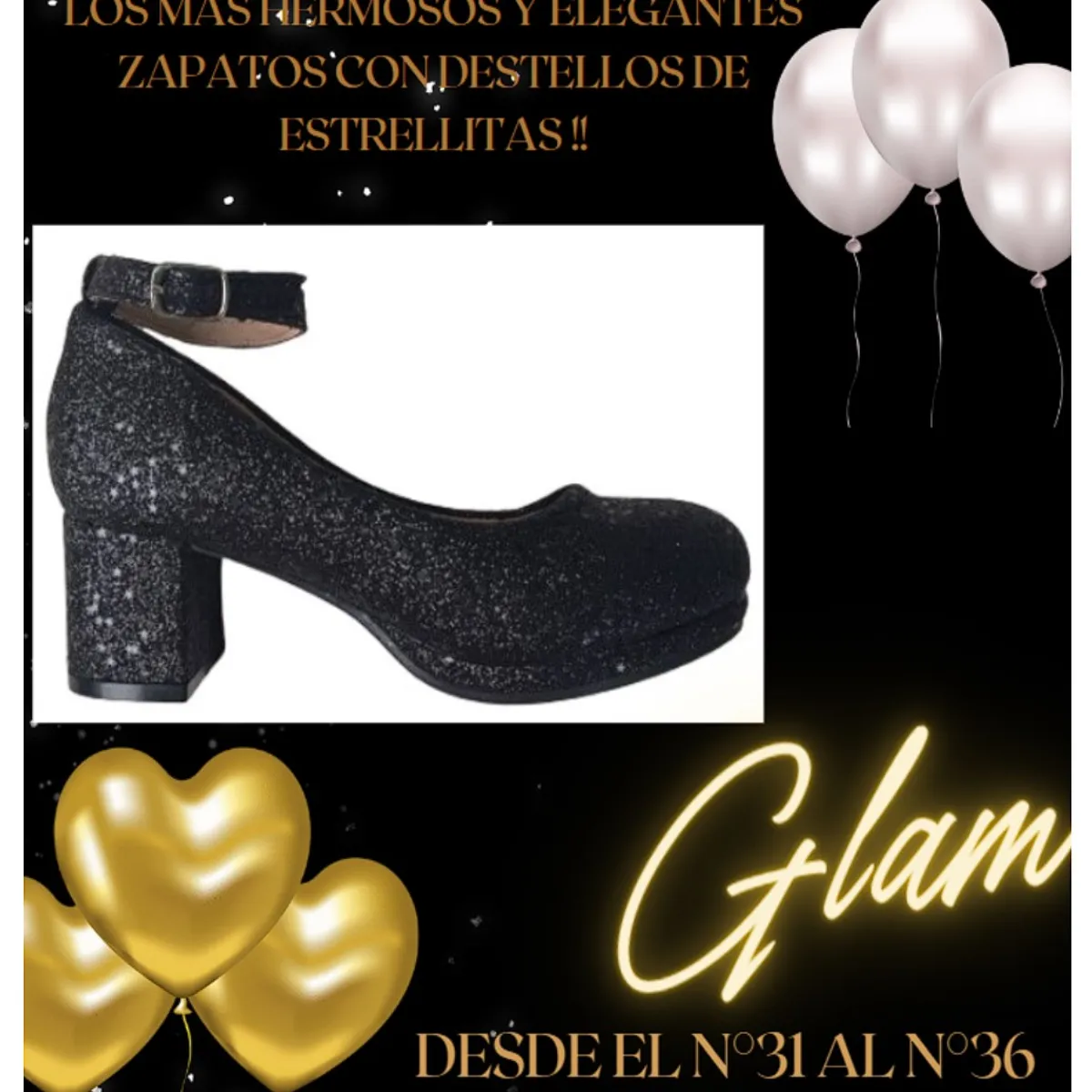 COMPRAPO - Zapato Calzado Princesa Niña con Tacón y Destellos Negro