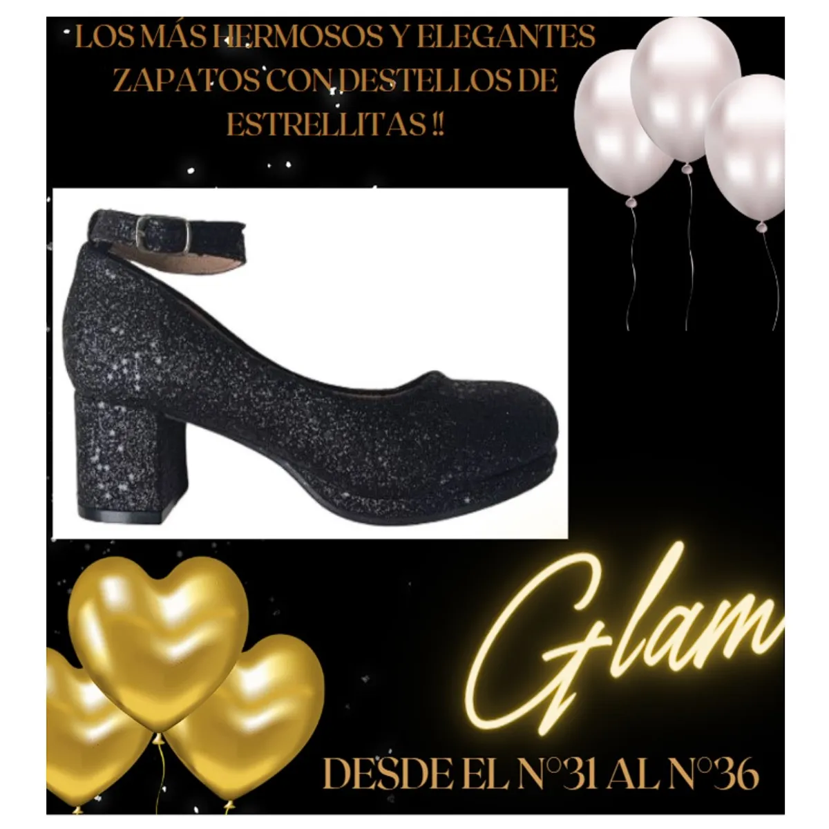 COMPRAPO - Zapato Calzado Princesa Niña con Tacón y Destellos Negro