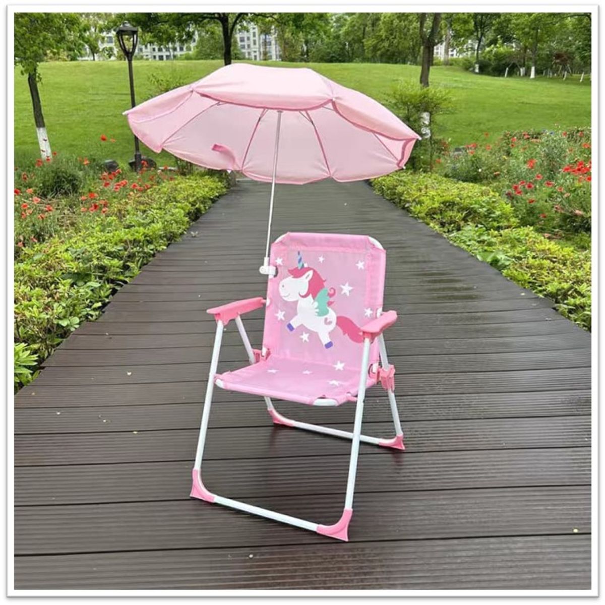 GENERICO - SILLA DE PLAYA INFANTIL PARA NIÑOS Y NIÑAS CON SOMBRILLA DISEÑO ROSA UNICORNIO MP