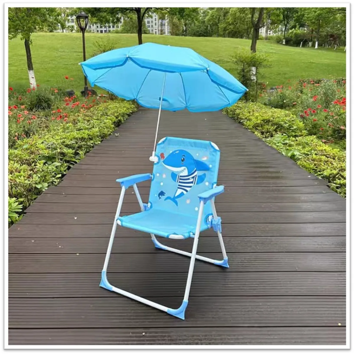 GENERICO - SILLA DE PLAYA INFANTIL PARA NIÑOS Y NIÑAS CON SOMBRILLA DISEÑO AZUL TIBURON MP