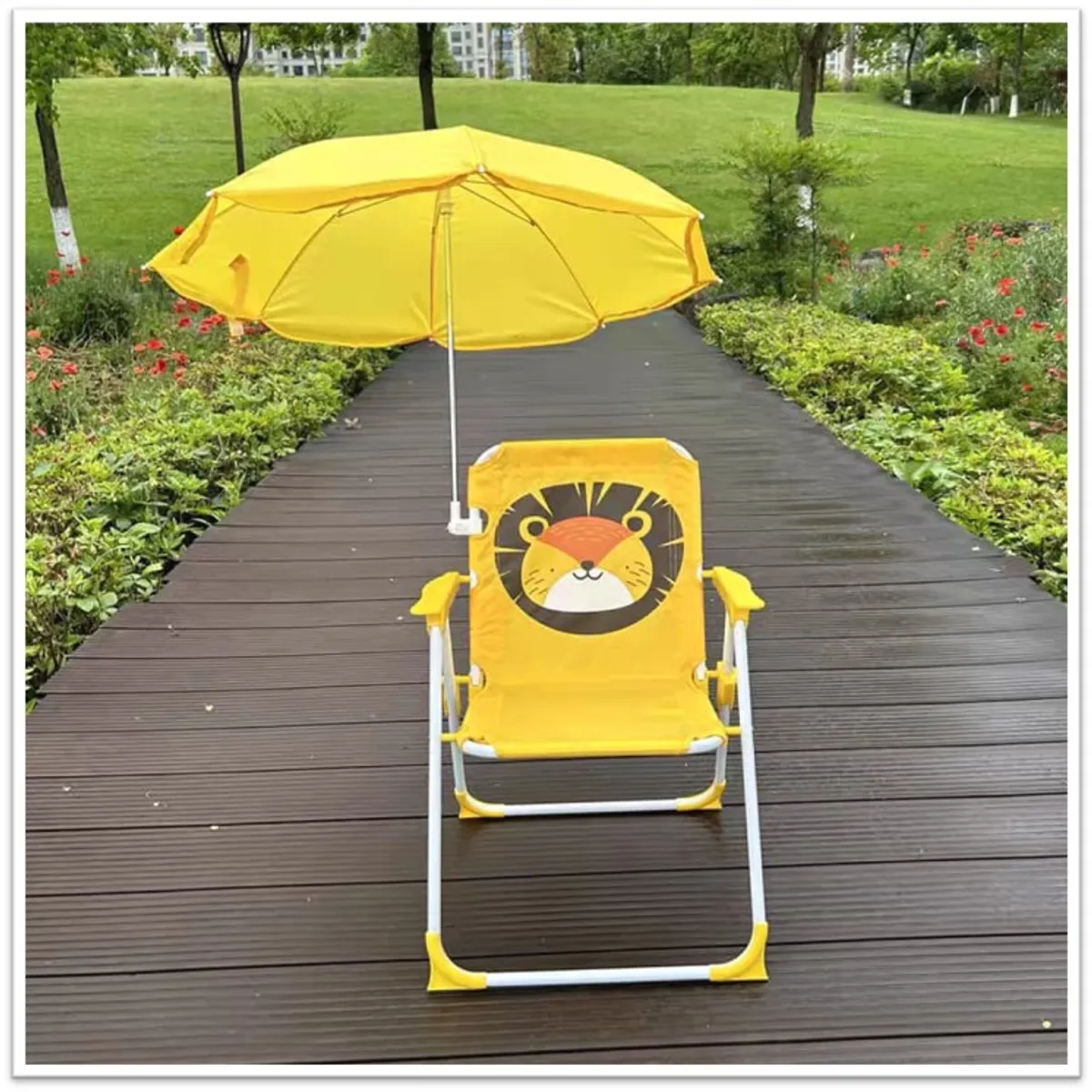 GENERICO - SILLA DE PLAYA INFANTIL PARA NIÑOS Y NIÑAS CON SOMBRILLA DISEÑO AMARILLO LEON MP