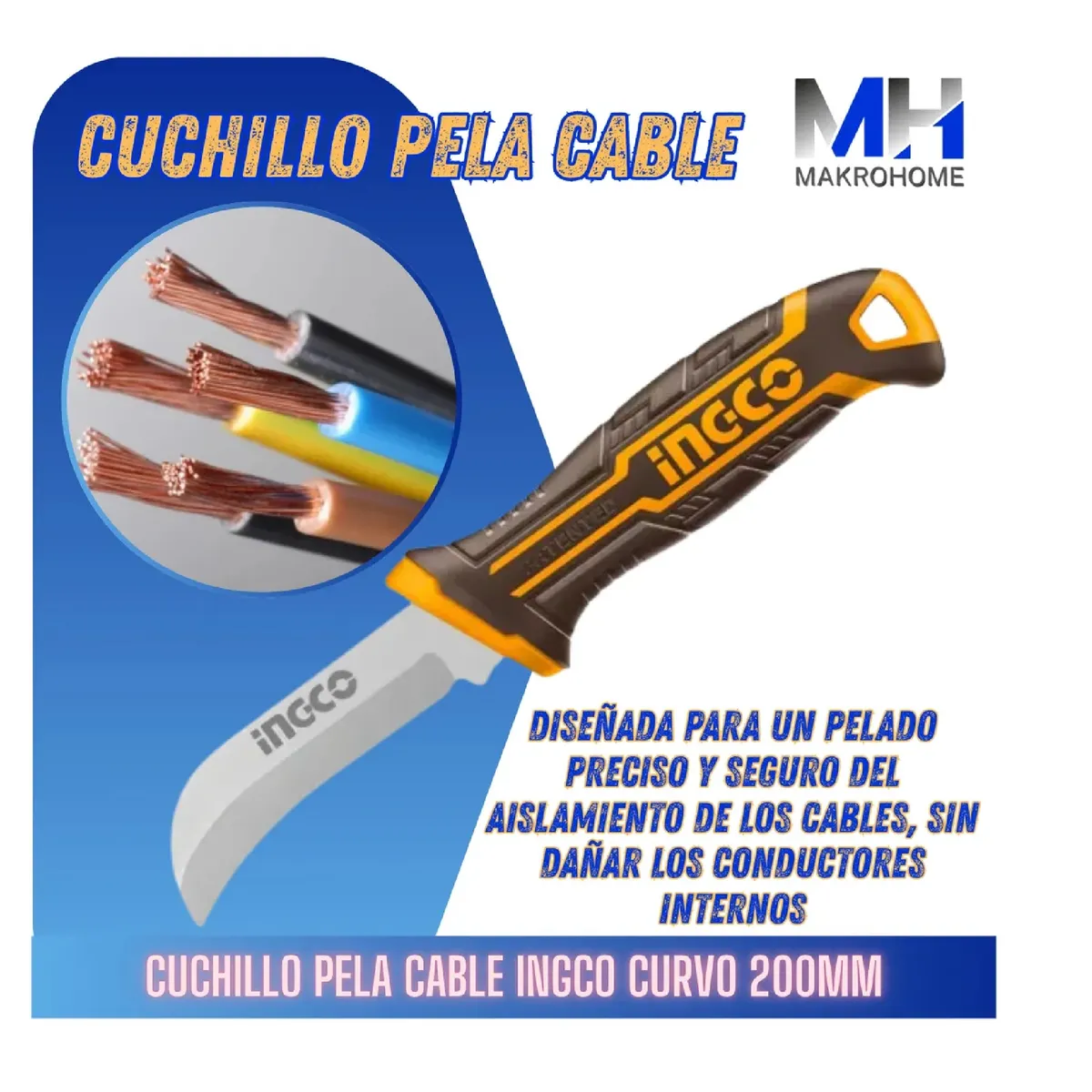 INGCO - Cuchillo Pelacables Curvo Ingco 200mm Acero Inoxidable Vde