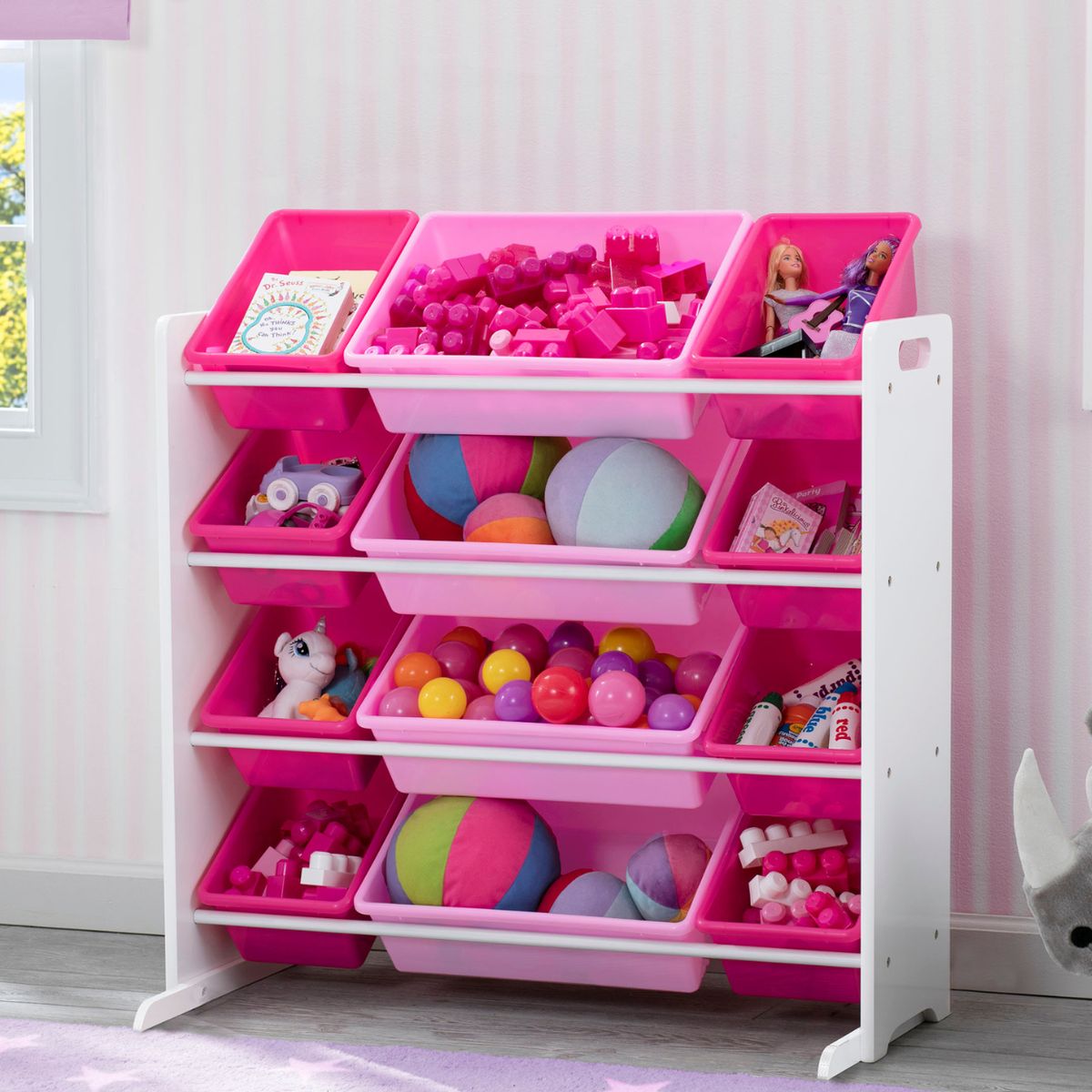 DELTA CHILDREN - Organizador infantil de 12 contenedores de plástico rosado y fucsia Delta Children