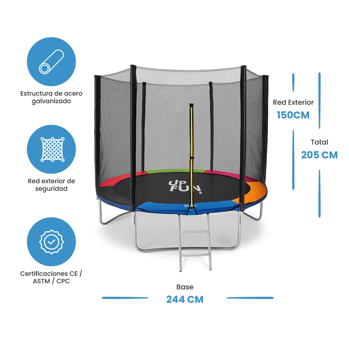 GENERICO - Cama Elástica 2,44 Mts Colores UpFun Malla Seguridad y Escalera 8ft