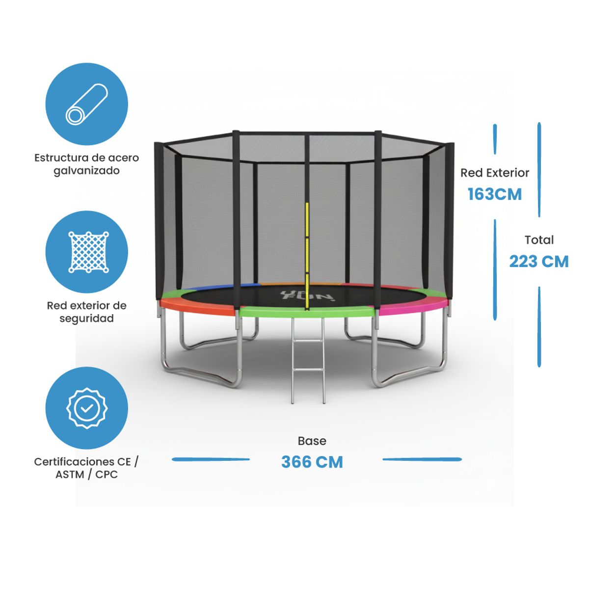 GENERICO - Cama Elástica 3,66 Mts Colores UpFun Malla Seguridad y Escalera 12ft