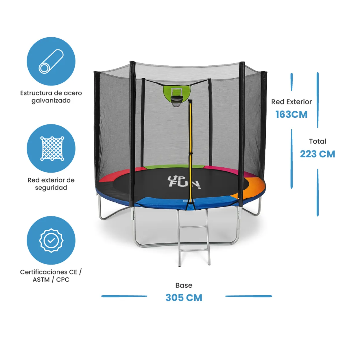 GENERICO - Cama Elástica 3,05 Mts Colores UpFun Malla Seguridad y Escalera (Gratis Aro Basquetbol) 10ft