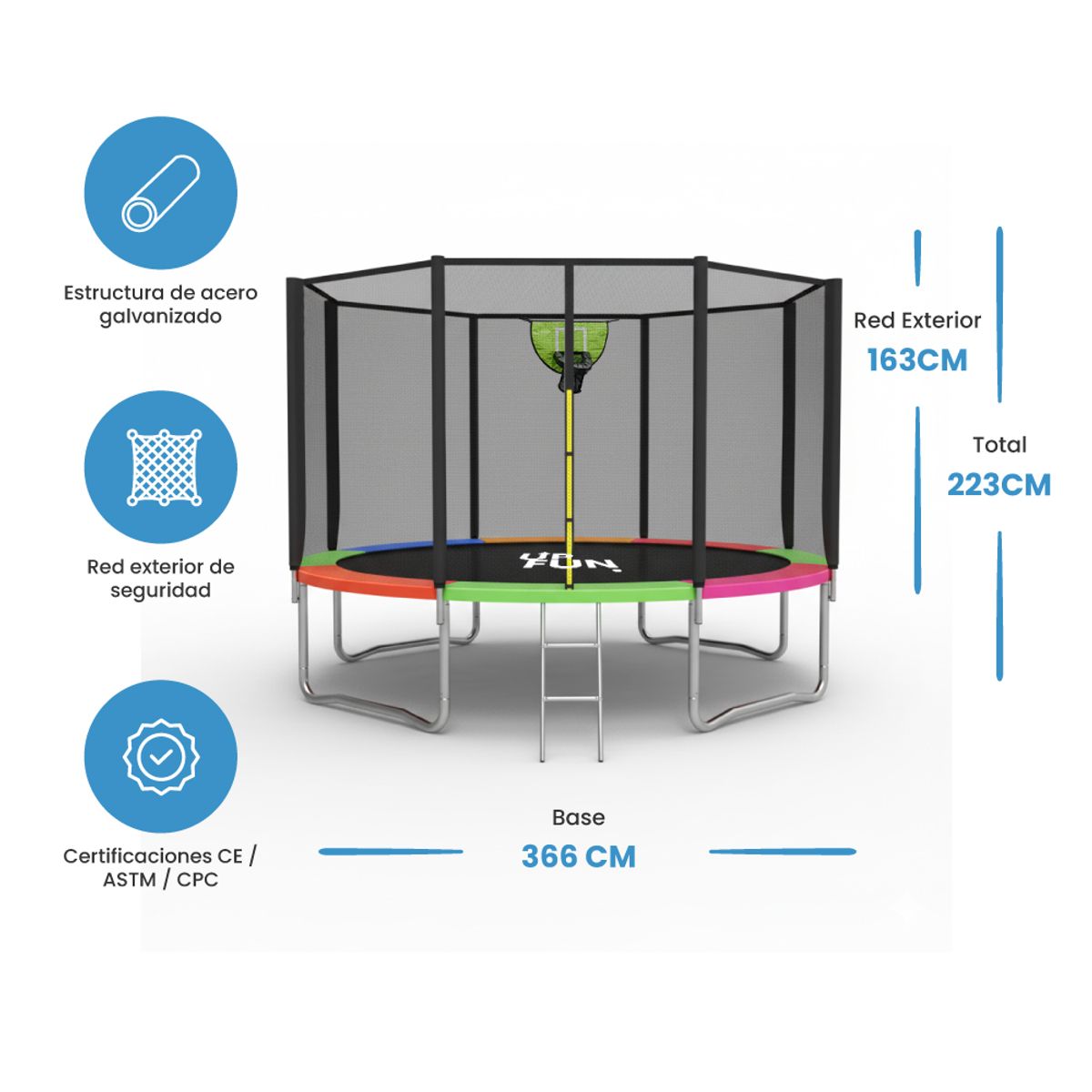 GENERICO - Cama Elástica 3,66 Mts Colores UpFun Malla Seguridad, Escalera y Aro Basquet Gratis