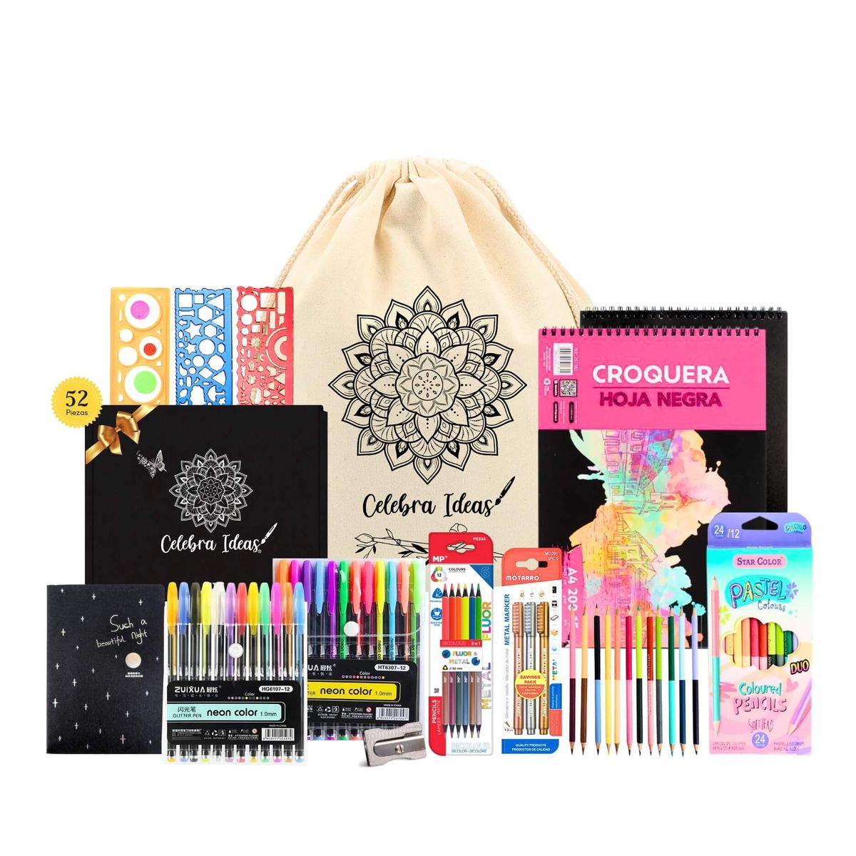 CELEBRA IDEAS - Set kit de Arte Dibujo en Hojas Negras colores Pastel Flúor metalizados