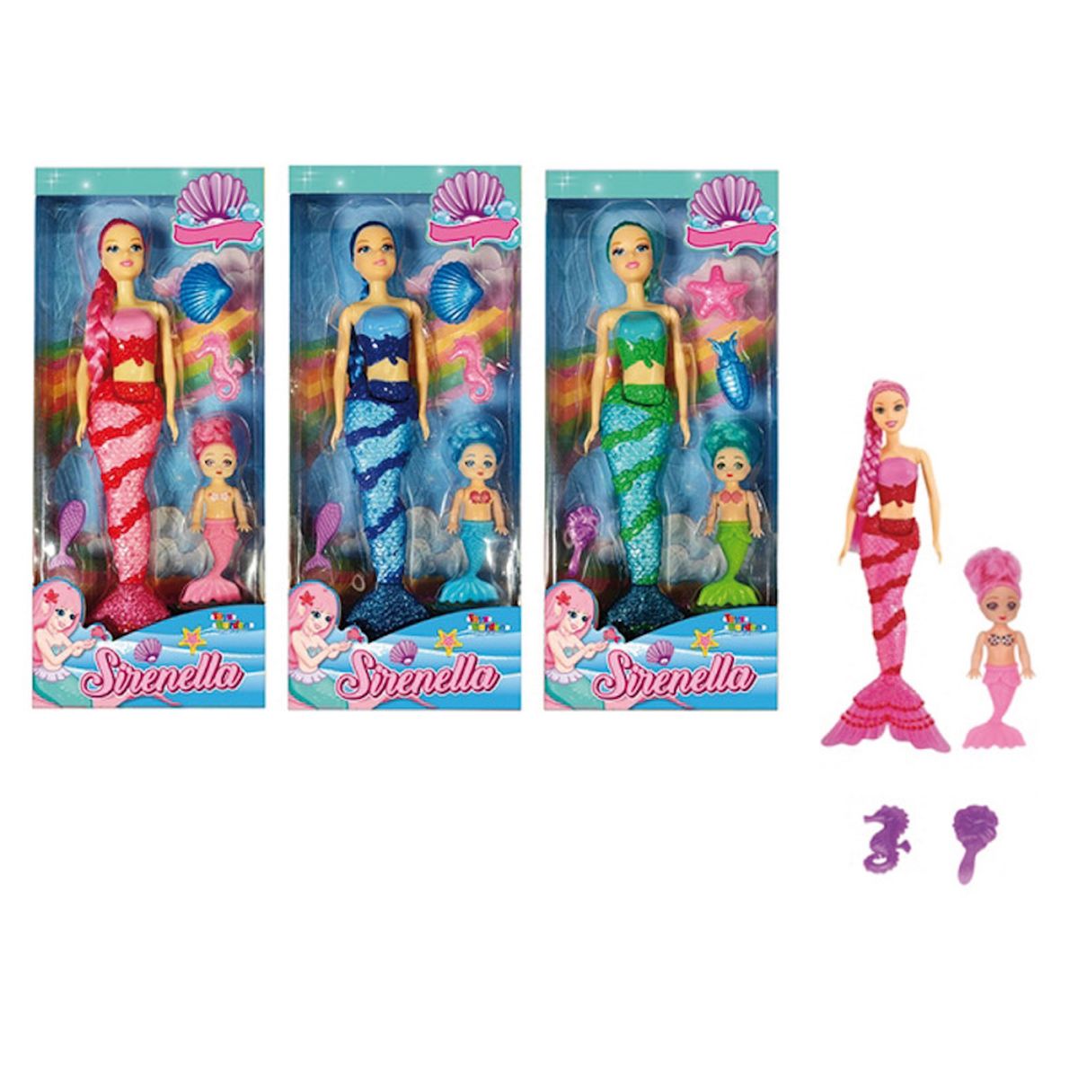 GENERICO - Set Muñecas Sirenas De 35 Cm Y 14 Cm +  Accesorios