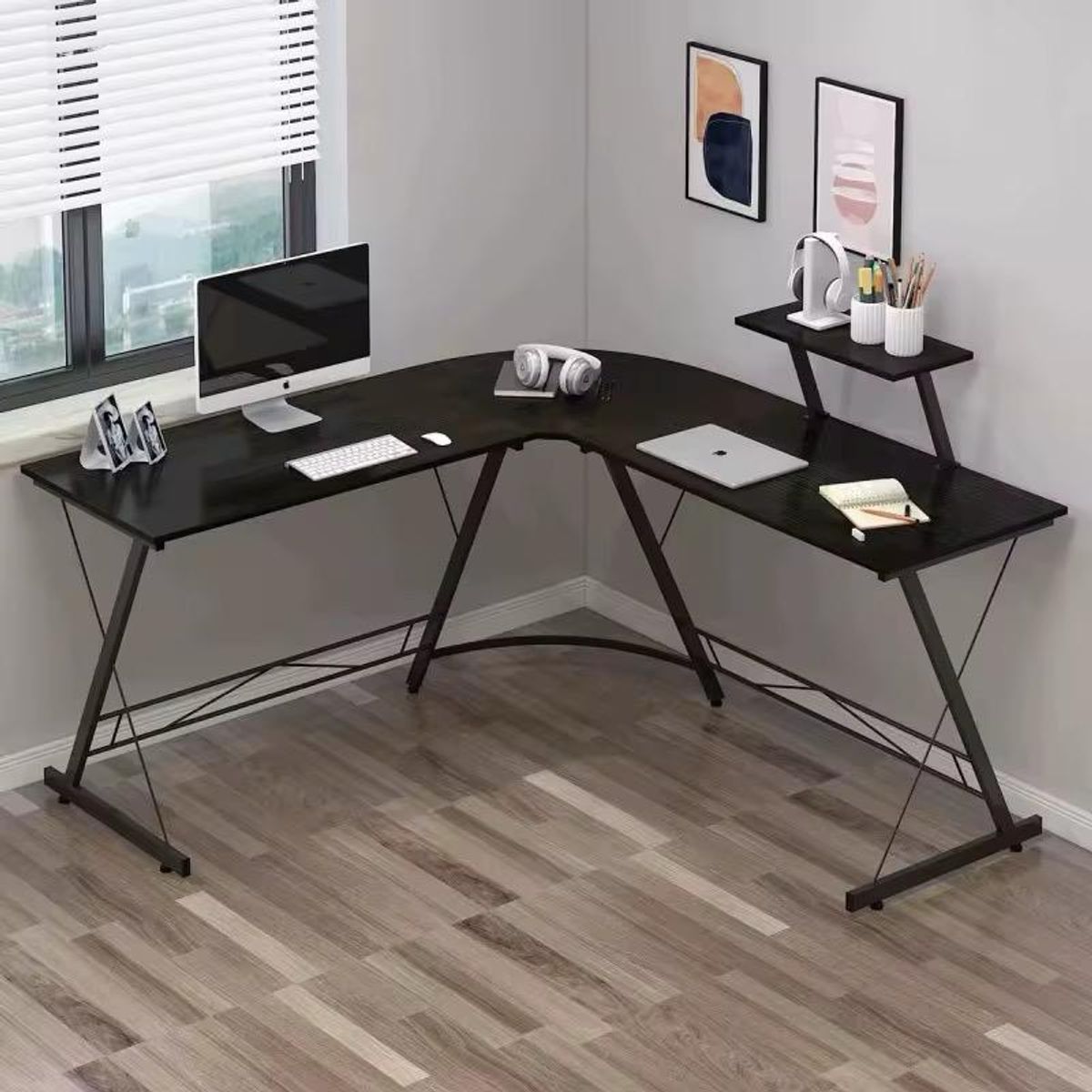 ACTUAL - Escritorio en L Reversible Con Soporte de Monitor y Estructura Metálica