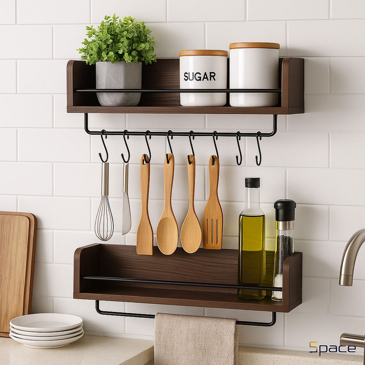 SPACE HOME - Colgador de llave organizador 2 estantes madera