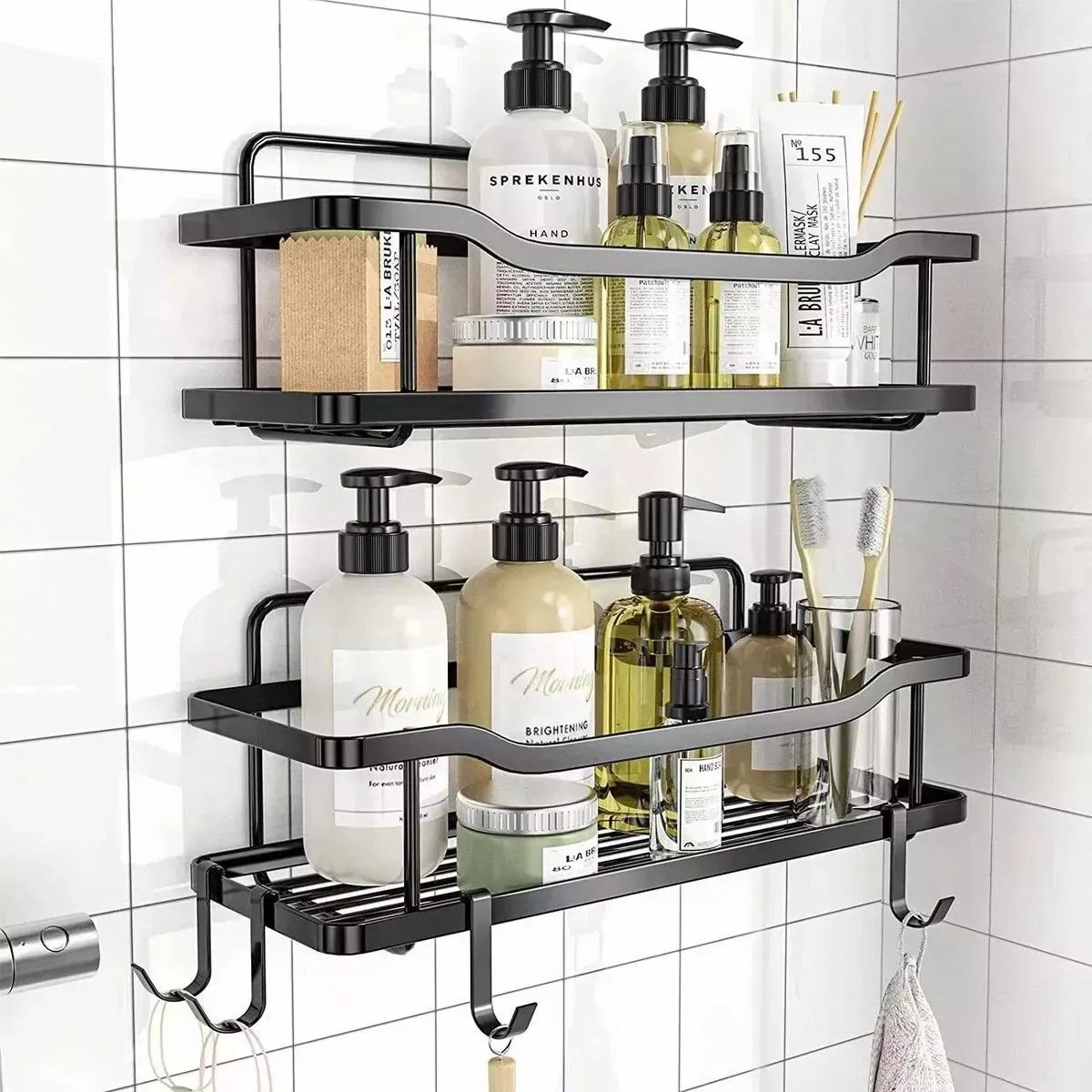 GENERICO - Organizador De Ducha Repisa Baño Adhesivo Set 2 Inoxidable Negro