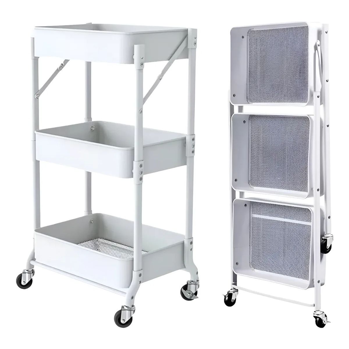 GENERICO - Organizador Carro Plegable Multiuso De 3 Niveles Con Ruedas Blanco