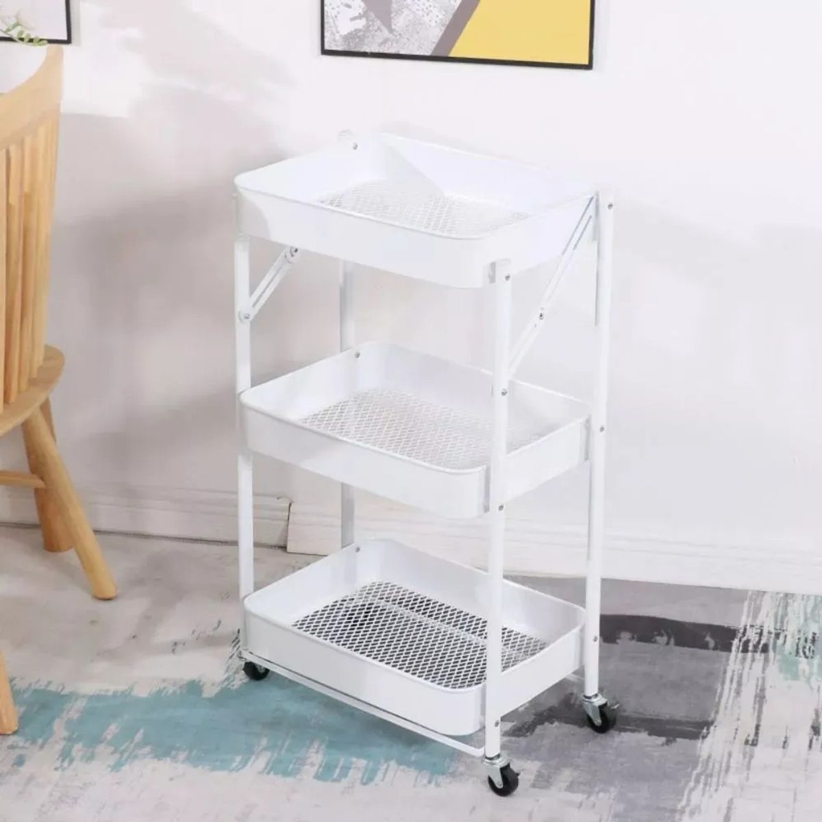 GENERICO - Organizador Carro Plegable Multiuso De 3 Niveles Con Ruedas Blanco