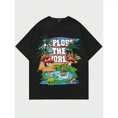 KIRAMA CLOTHING STORE - Camiseta negra “Explore the World” con estampado tropical