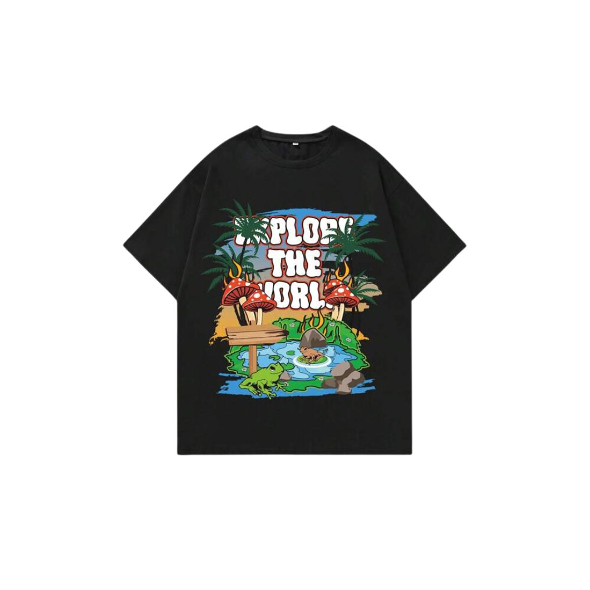 KIRAMA CLOTHING STORE - Camiseta negra “Explore the World” con estampado tropical