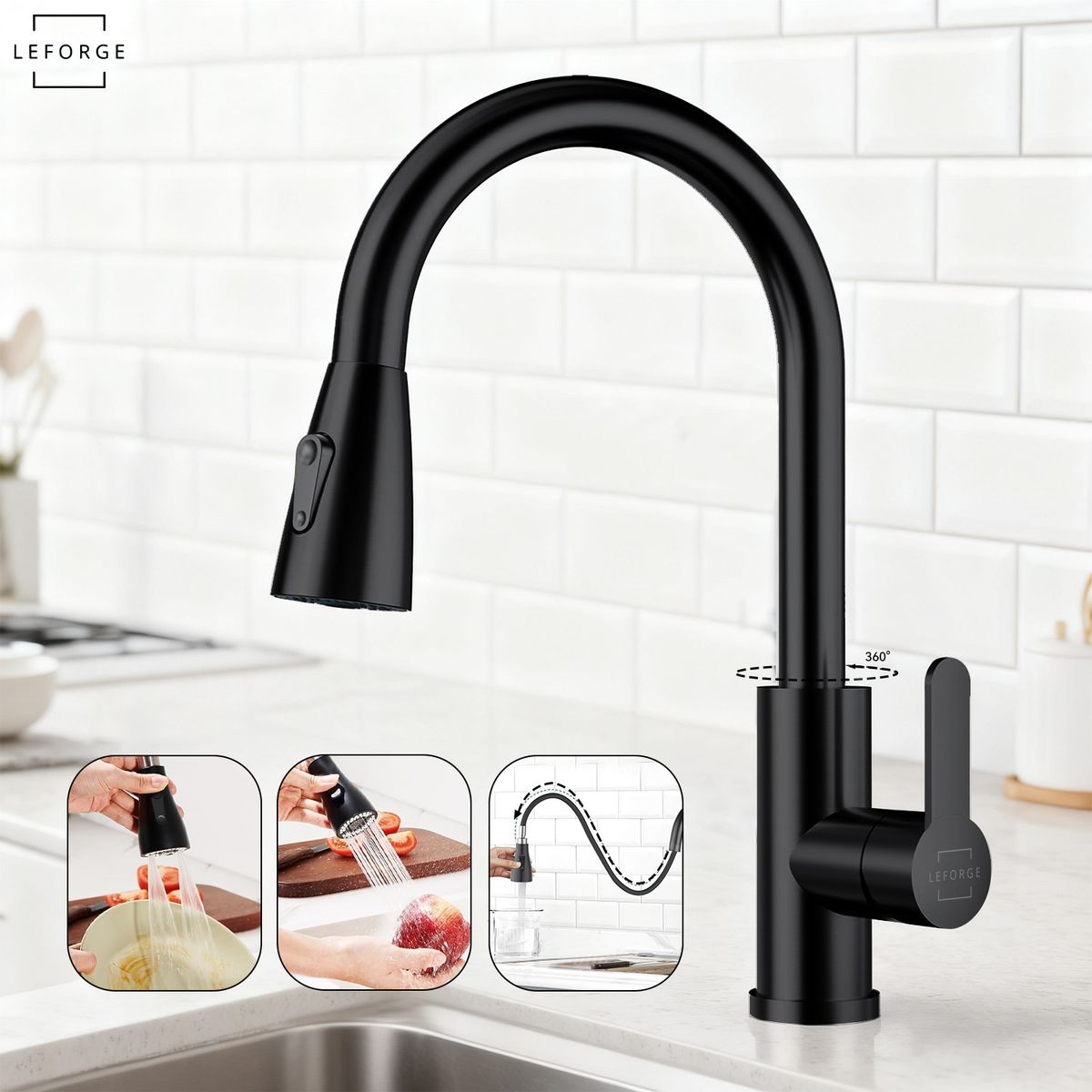 LEFORGE BAIN - Llave Monomando Lavaplatos Extensible Griferia Cocina Negro