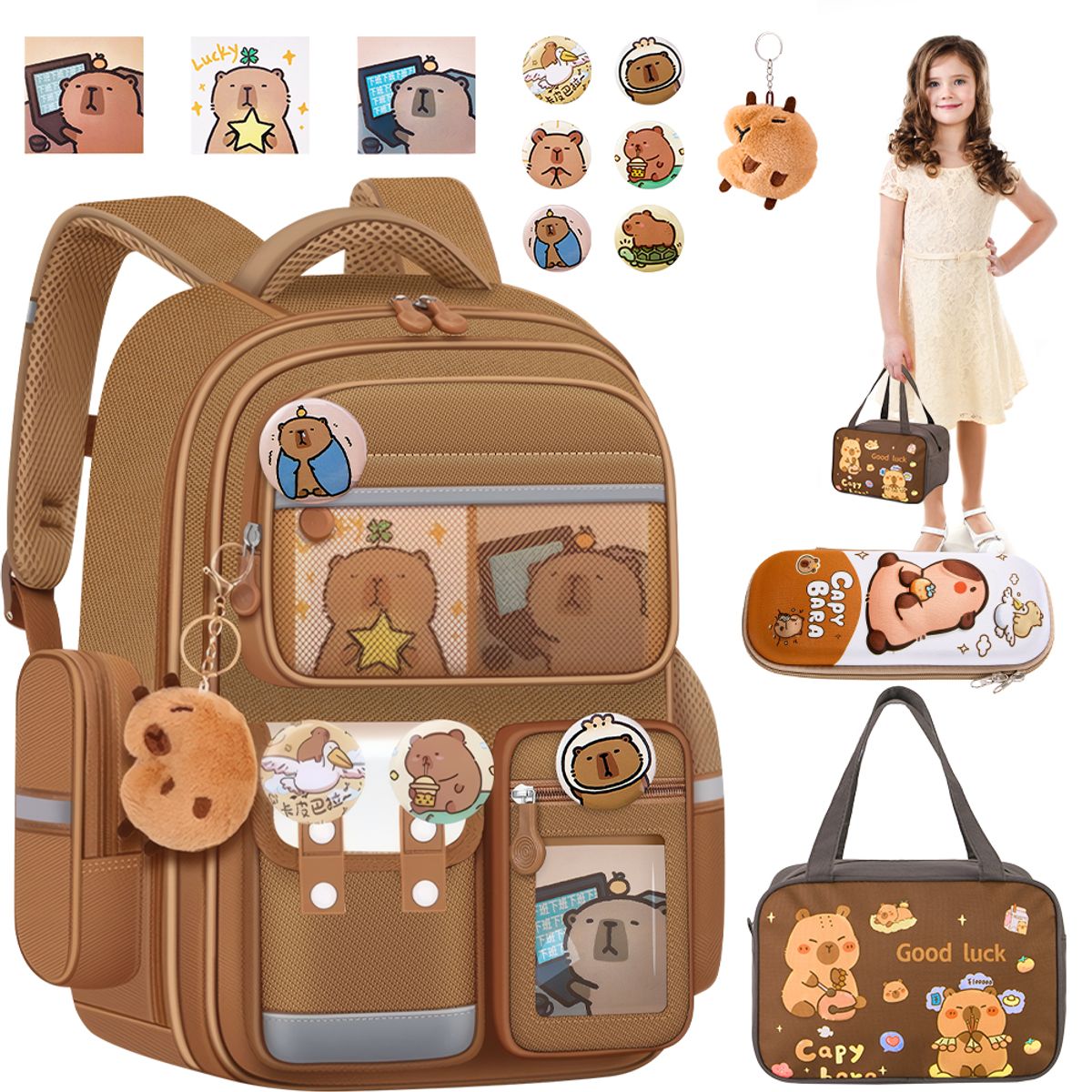 LUKOVEE - Mochila Capibara Escolares con Bolsa de Almuerzo y Estuche para Niñas