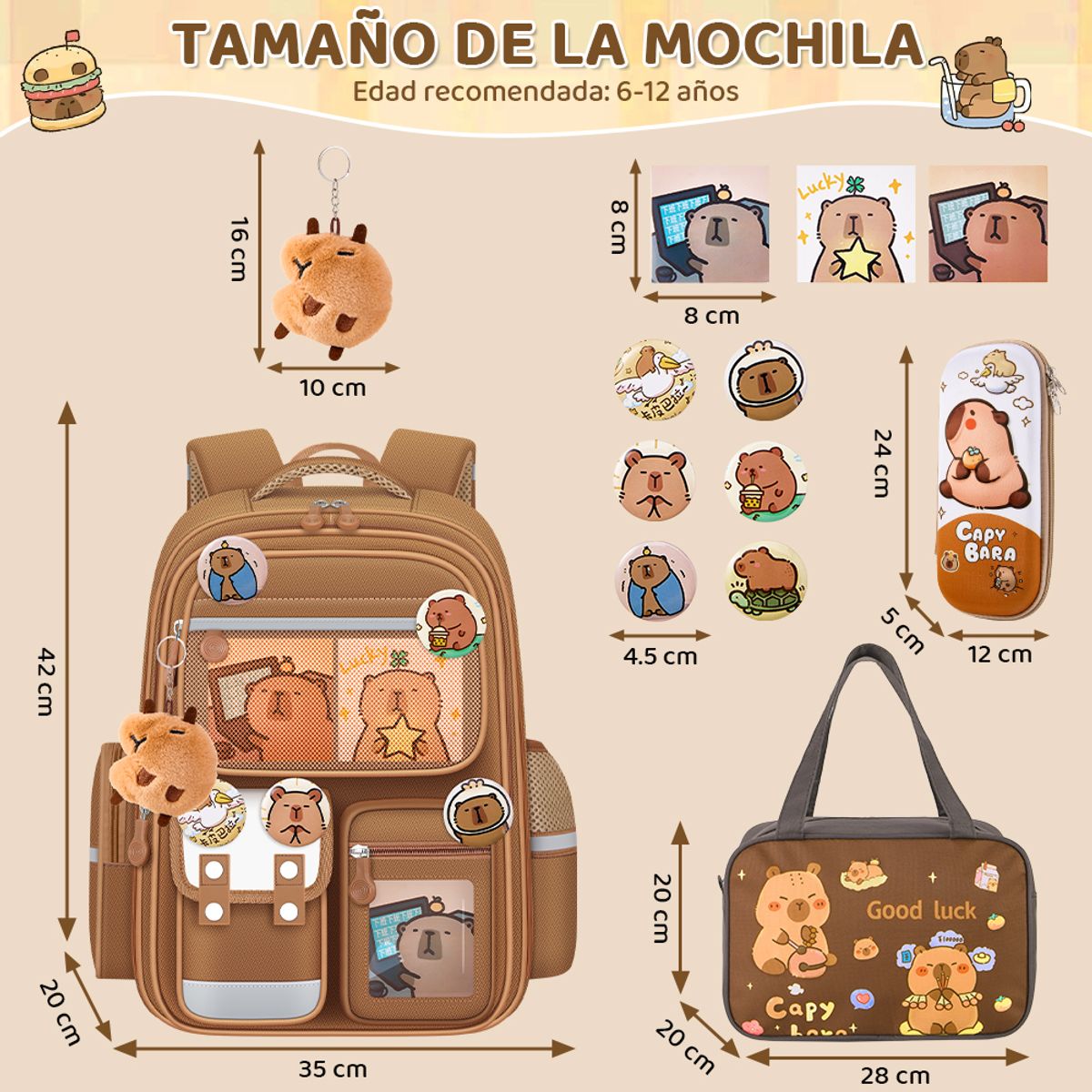 LUKOVEE - Mochila Capibara Escolares con Bolsa de Almuerzo y Estuche para Niñas
