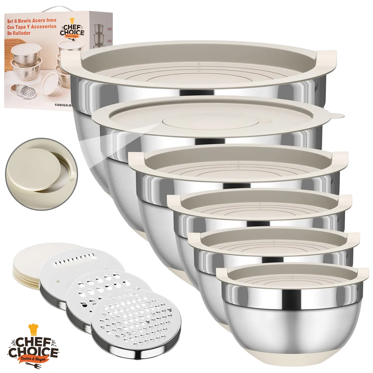 CHEFCHOICE - Set 6 Bowls Acero Inoxidable Con Smart Tapa Y Accesorios De Rallador