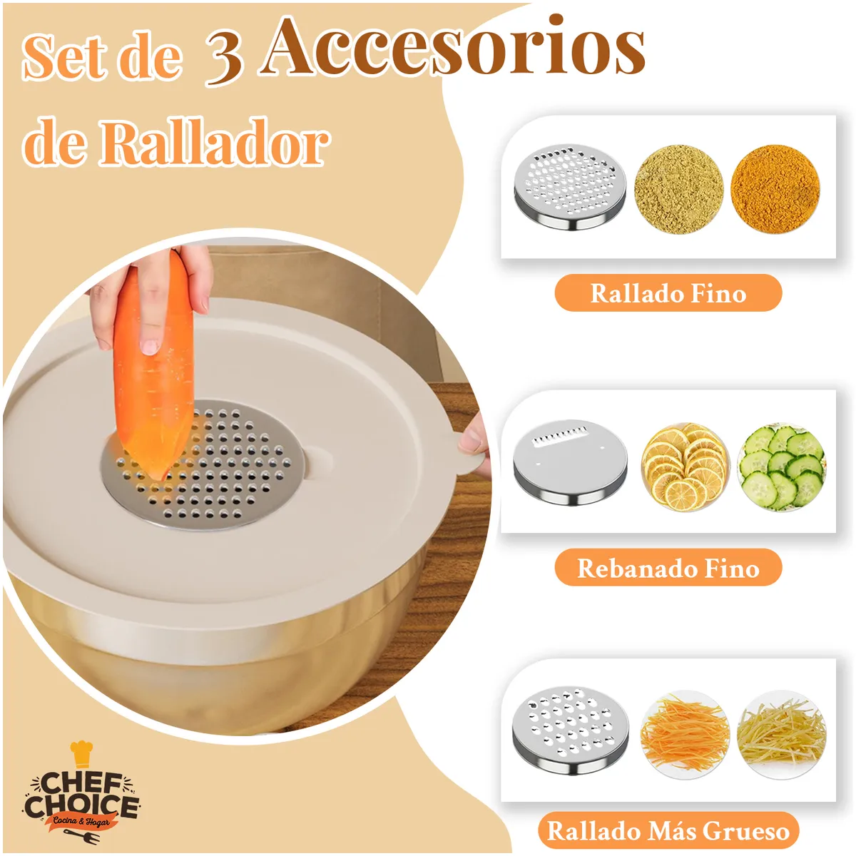 CHEFCHOICE - Set 6 Bowls Acero Inoxidable Con Smart Tapa Y Accesorios De Rallador