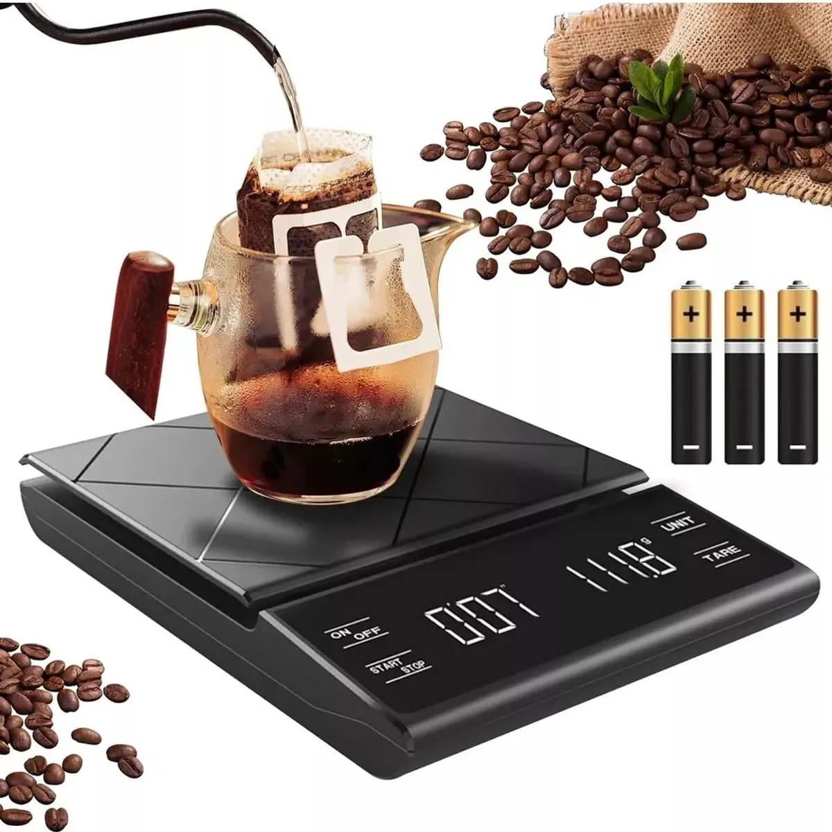 KUANGYE - Cocina Pesa Balanza Digital Alta Precisión De 0,1g A 5kg Negro 3 Kg,Báscula de Café,Con Temporizador