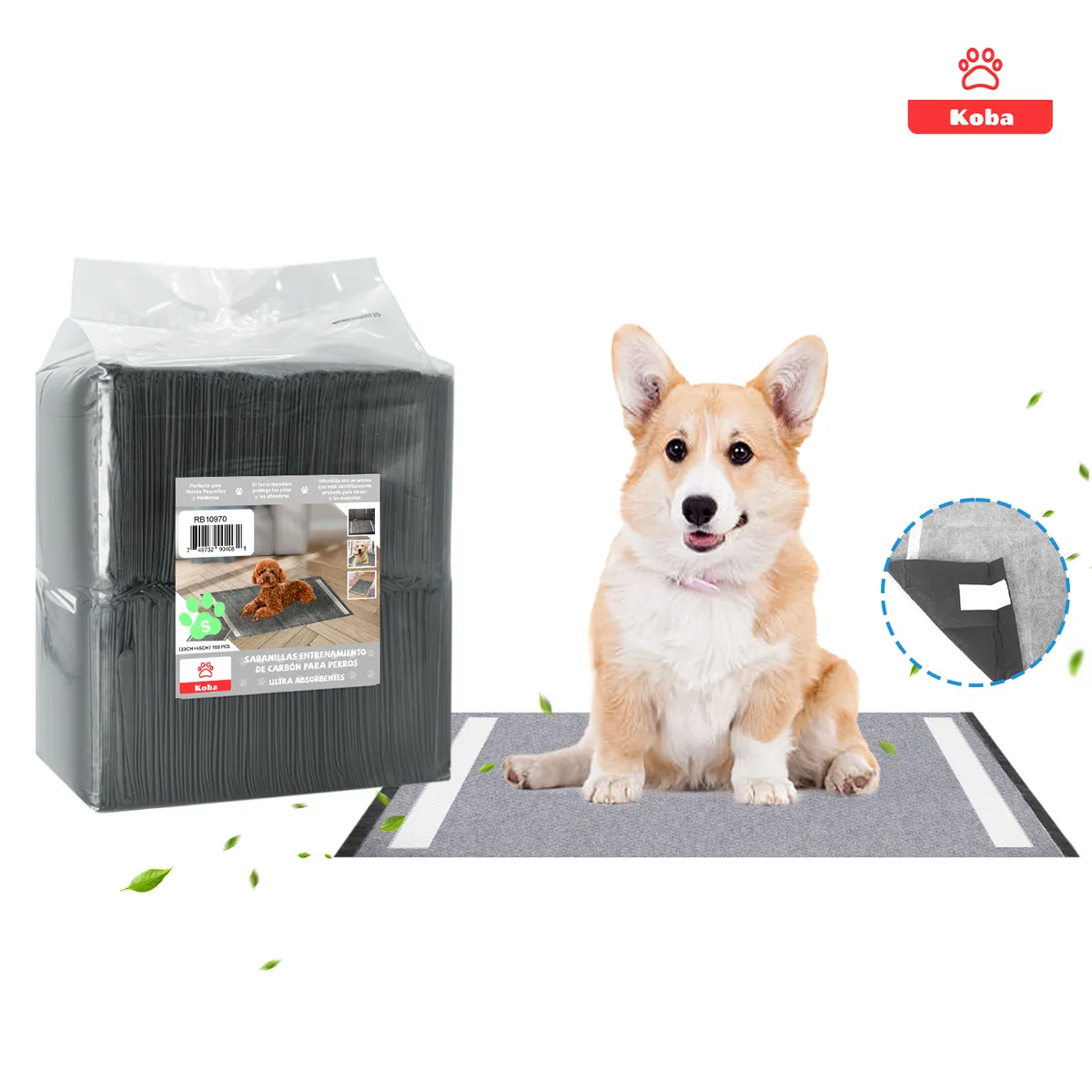 100 Pañales Para Perro Sabanillas Entrenamiento De Carbón 33x45cm, marca KOBA - Foto Principal