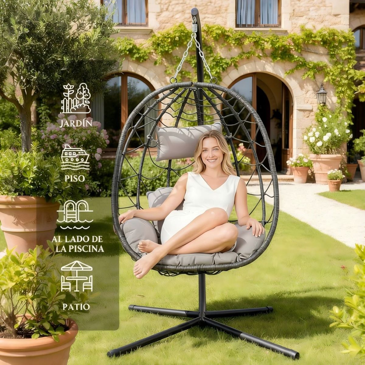 ELEMENT DESIGN - Silla Colgante de Terraza Brisa con Cojínes Ensanchado Gris