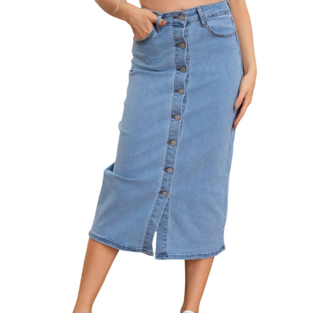 LOOK SHOP - Falda Larga Jeans Con Botones - Elástica, Tiro Alto. Moderna 6008