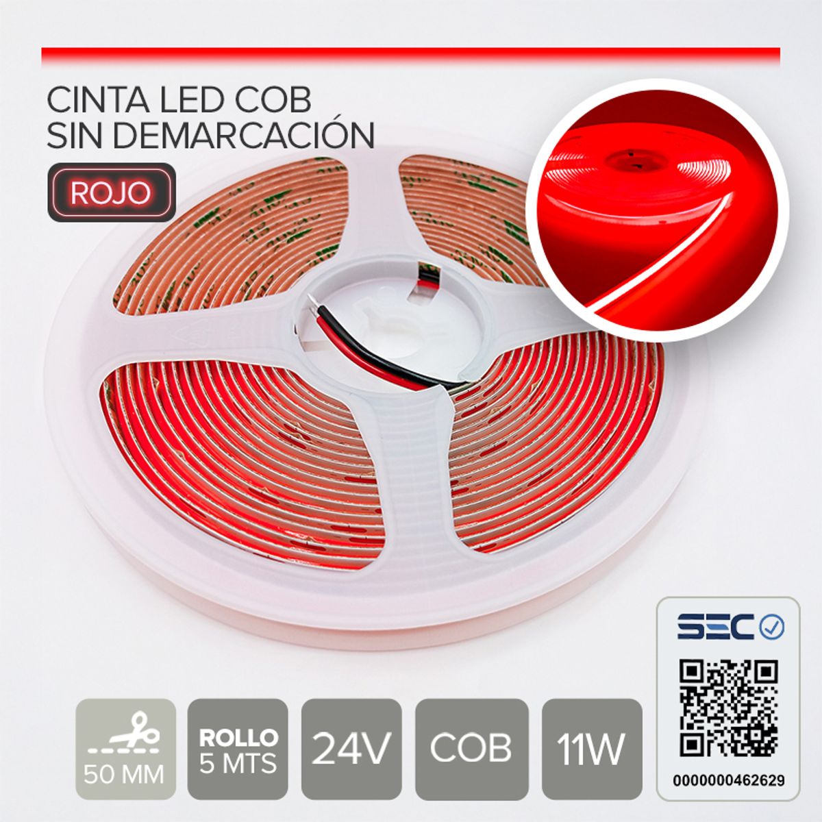 STOREFIX - CINTA LED COB SIN DEMARCACIÓN 11W 24V ROJO (Rollo 5 mts)
