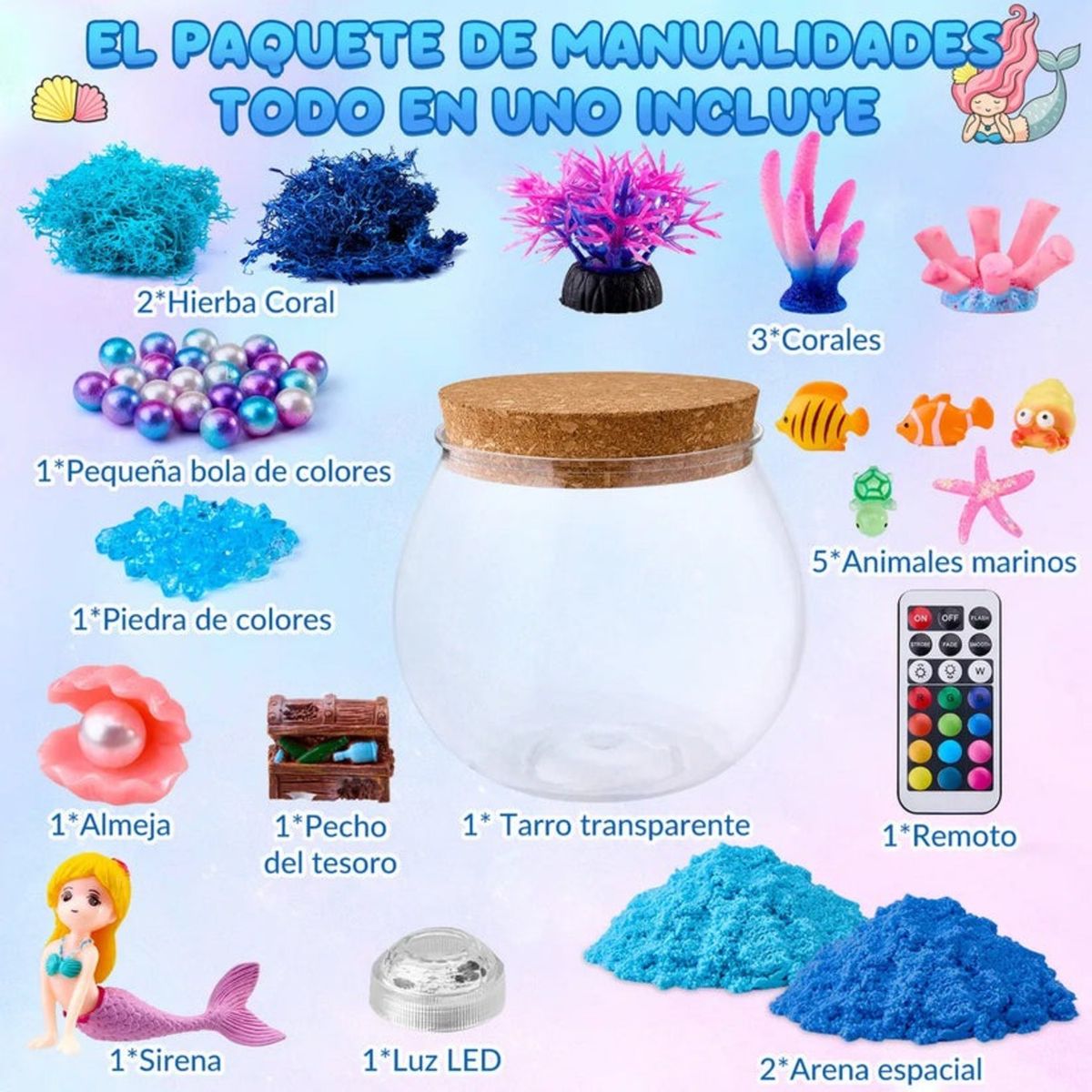 GENERICO - KIT ARENA MÁGICA CON LUZ NOCTURNA TERRARIO SIRENA