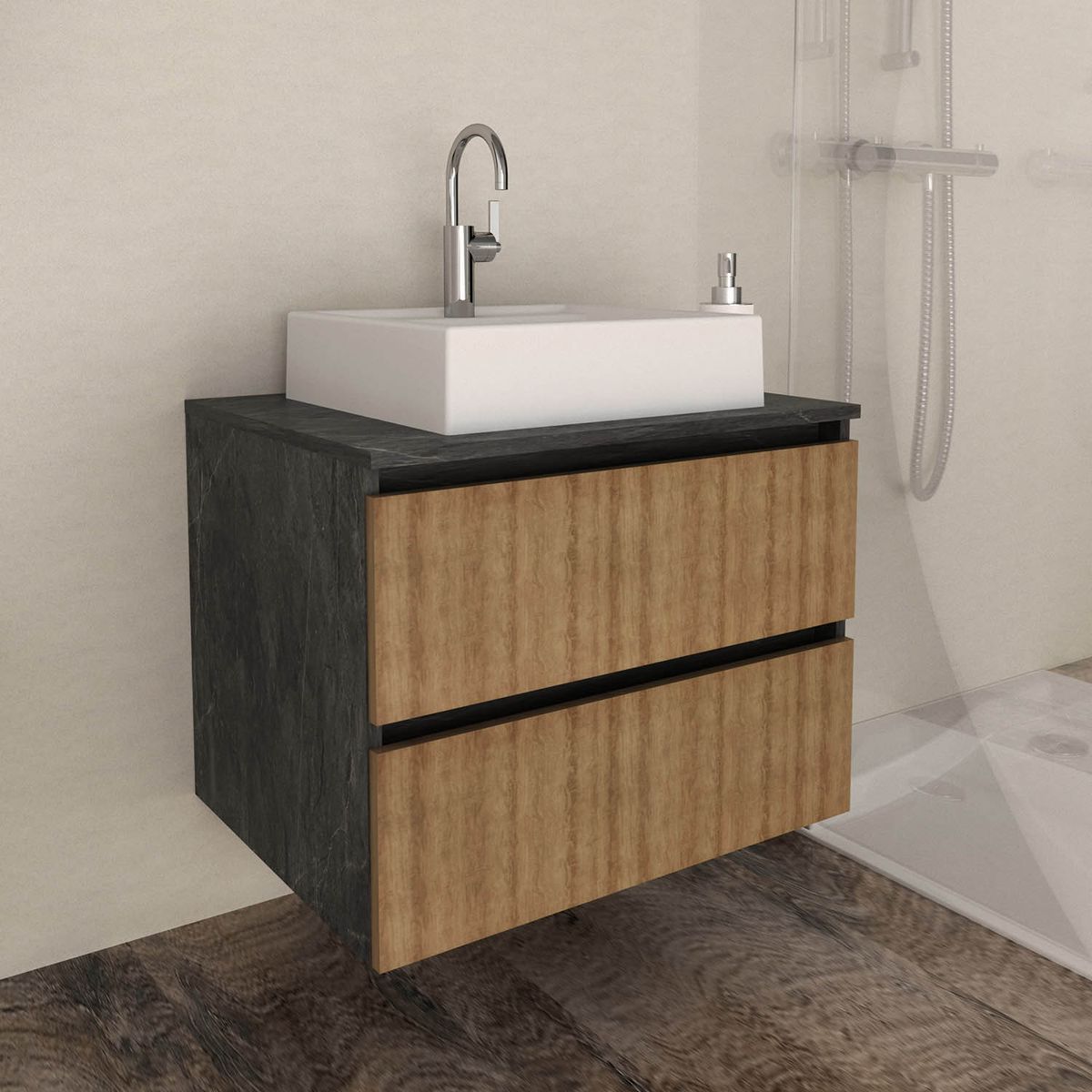 TECNOMOBILI - MUEBLE BAÑO AEREO CON 2 CAJONES Mármol Lunar/Almendra