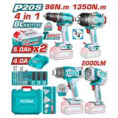 TOTAL TOOLS - Kit Taladro 96nm + Llave Impacto 1350nm + Linterna + Pistola Calor y Acc Total