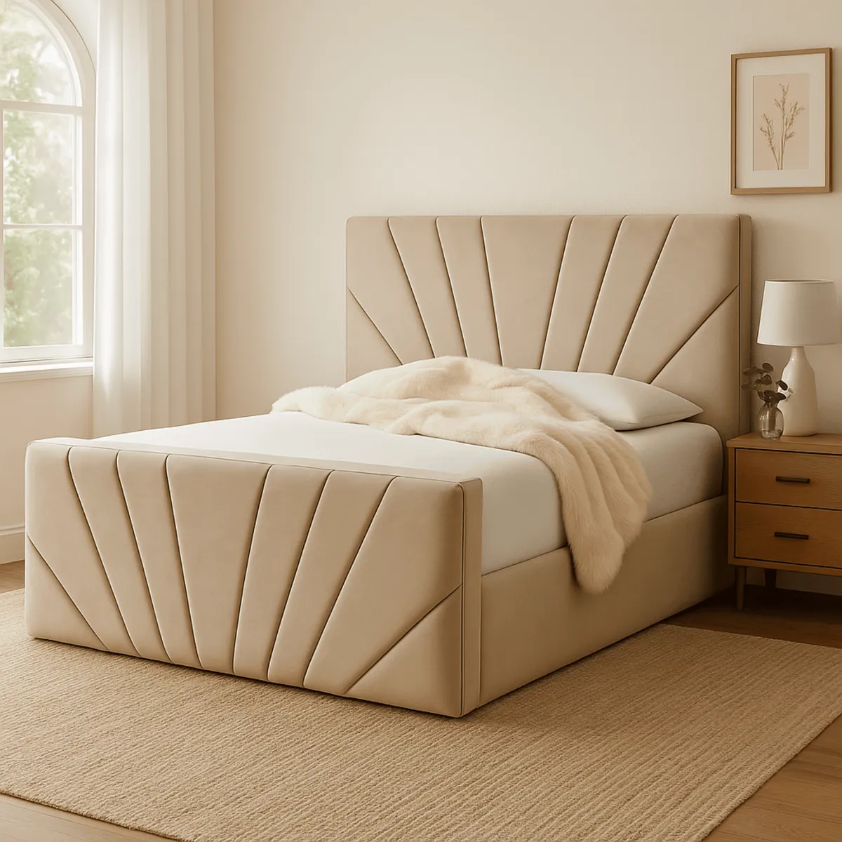 GENERICO - Base de Cama Americana Doble Respaldo 2 Plazas Felpa Beige
