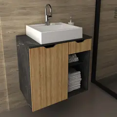 TECNOMOBILI - MUEBLE BAÑO AEREO CON 1 CAJÓN Y 1 PUERTA ALMENDRA/MARMOL LUNAR