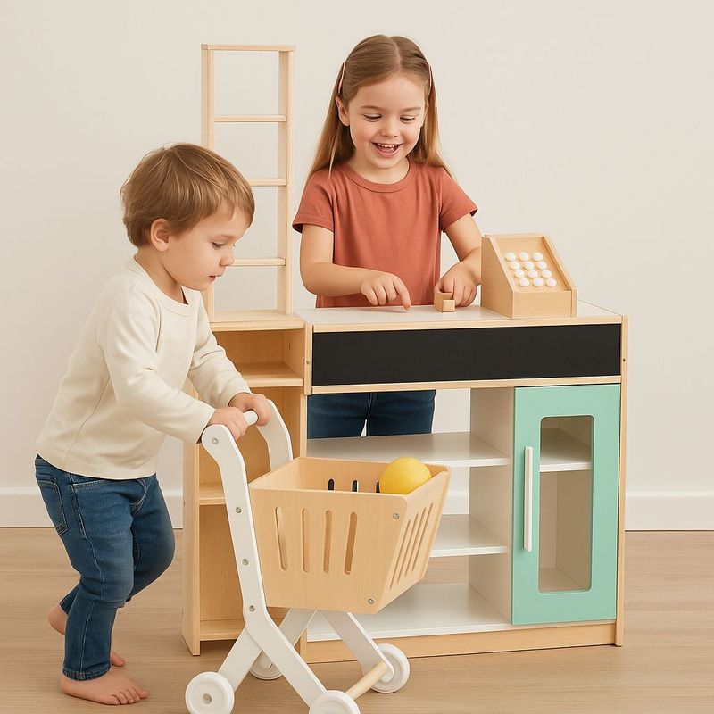 GENERICO - Supermercado De Madera Didáctico Para Niños + Carrito De Compras