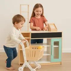 GENERICO - Supermercado De Madera Didáctico Para Niños + Carrito De Compras