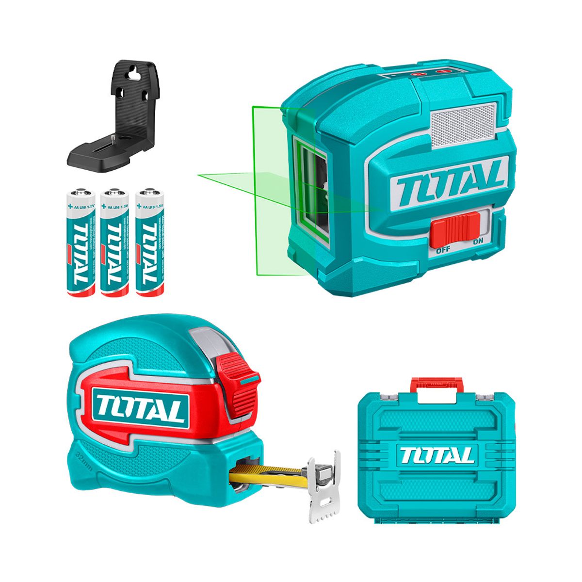 TOTAL TOOLS - Kit Láser de Línea Autonivalente + Huincha de medir 5m + Acc Total