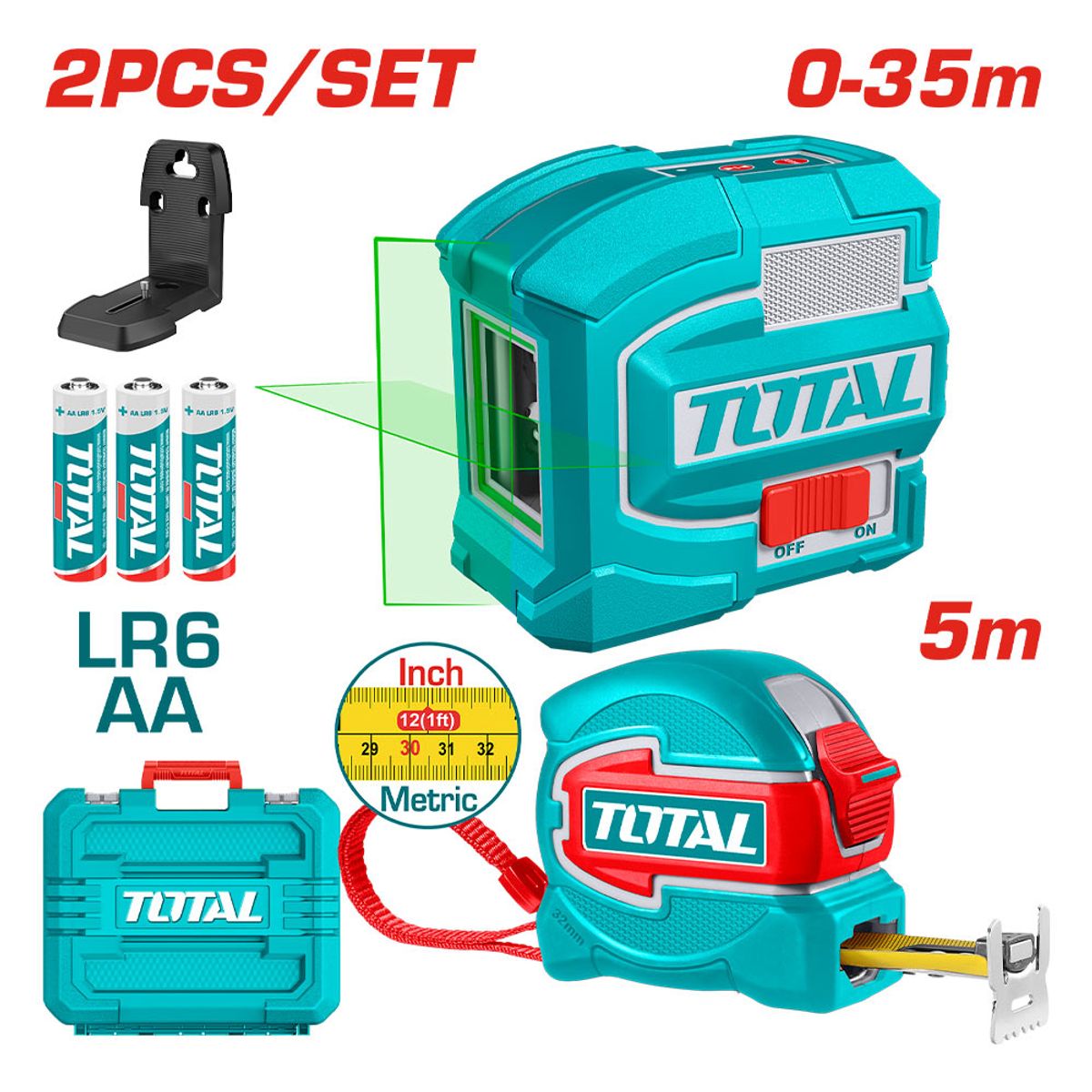 TOTAL TOOLS - Kit Láser de Línea Autonivalente + Huincha de medir 5m + Acc Total
