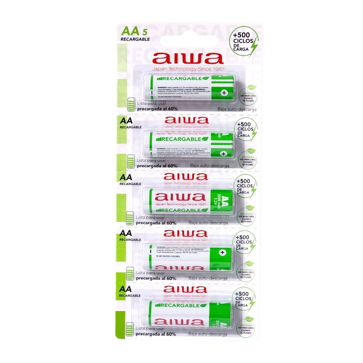AIWA - Pack 5 Pilas Recargables AA Aiwa 1.2v 2000mah