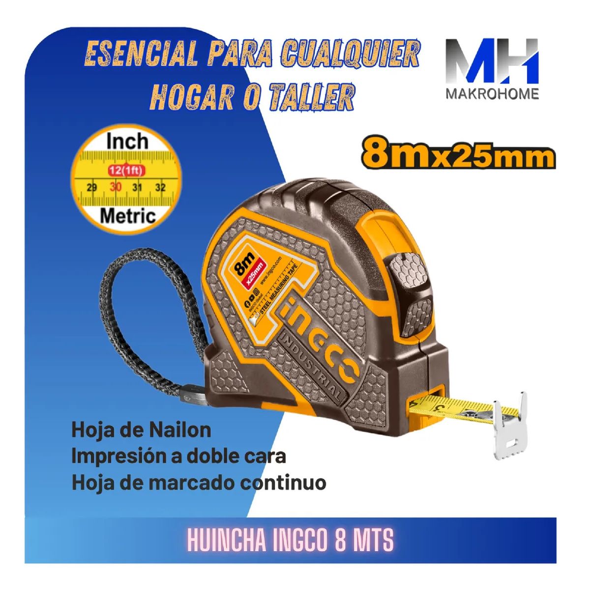 INGCO - Cinta Metrica Huincha Ingco Profesional 8m X 25mm Hoja Nylon