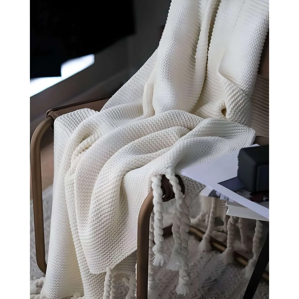 GENERICO - MANTA CHENILLE CON FLECOS DE SOGA DECORATIVA PARA CAMA O SOFA